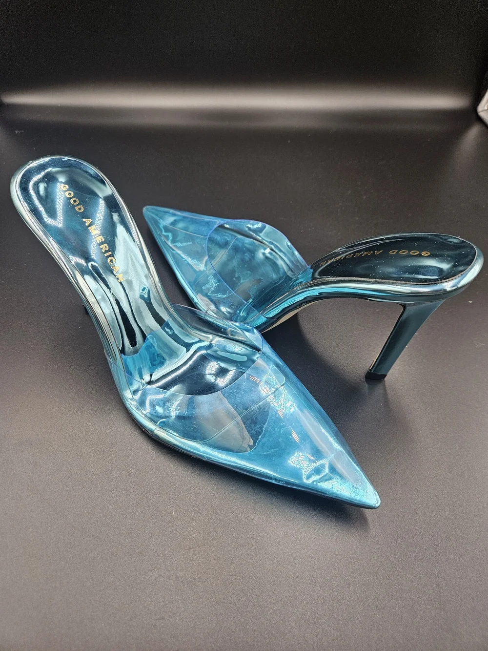 Good American Blue Clear PVC Mule Heels Pointed Toe Stiletto Pumps Size 7.5